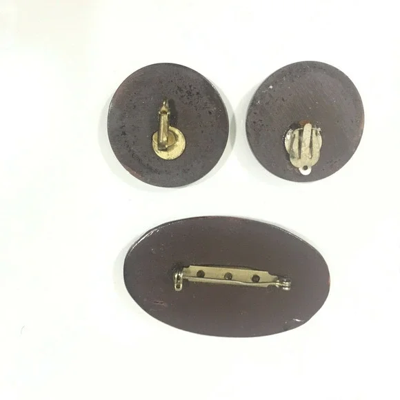 Wooden 1990s Vintage Jewelry Hand Painted Colorful Brooch and Earrings - Picture 4 of 4